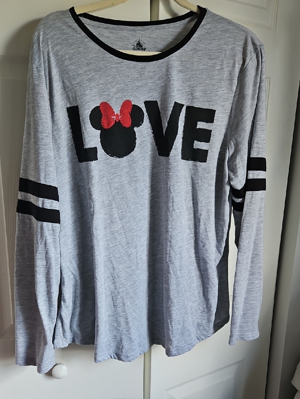 Disney Heather Gray Long Sleeve Tee with Black LOVE Graphic and Red Bow
